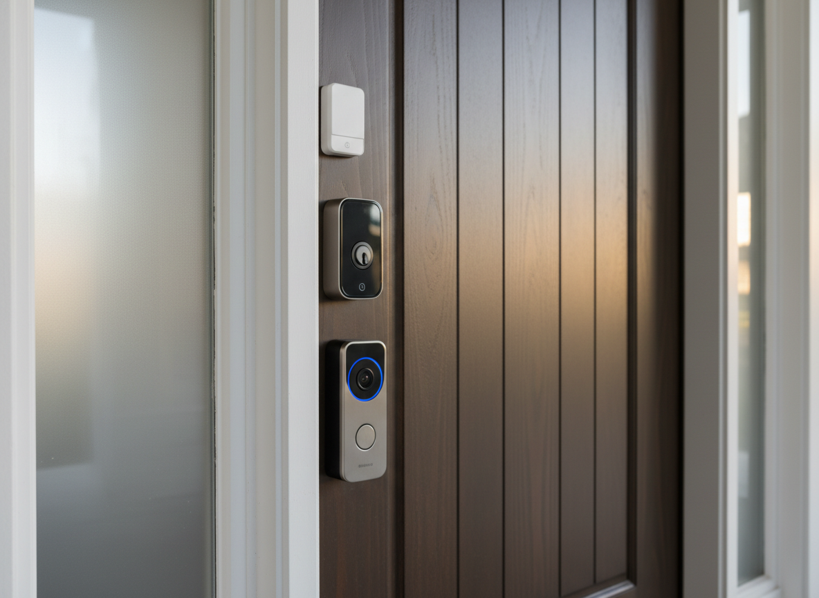 A secure, modern front entryway showcasing a smart deadbolt lock and discreet door-mounted security sensor on a rich, dark-stained wooden door with visible grain and satin finish. A slim, brushed steel video doorbell sits aligned with the lock, its tiny camera lens and LED ring clearly visible. The door is framed by smooth white trim and frosted glass sidelights that diffuse soft late-afternoon light, casting gentle highlights along the metal surfaces and subtle shadows in the recessed panels. Photographic realism, captured in a close-up, slightly angled composition that emphasizes texture and precision. The atmosphere is trustworthy and refined, suggesting robust, customized security seamlessly integrated into elegant residential design.