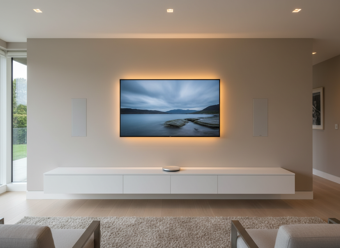 A sophisticated living room entertainment wall with an ultra-thin 4K television mounted perfectly flush to a smooth, light taupe wall, flanked by in-wall speakers with nearly invisible grilles. Below, a low-profile floating media console in matte white conceals wiring, with a single, small, brushed metal automation hub resting on top. Ambient LED strip lighting runs subtly behind the TV, creating a soft halo glow against the wall. Photographic realism, captured from a wide-angle, straight-on perspective with sharp focus, revealing a tidy, cable-free installation. Natural daylight mixes with warm recessed ceiling lights, producing a balanced, inviting atmosphere. The mood is polished and professional, showcasing an elegant, fully integrated custom home automation and media solution.
