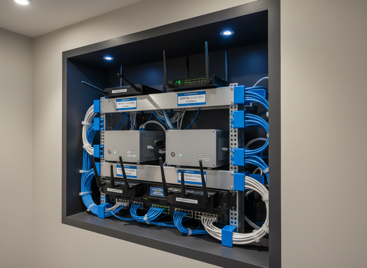A meticulously organized network hub for a smart home, featuring a brushed aluminum rack with neatly labeled routers, compact servers, and cable management channels in vivid blue and white. The unit is installed inside a recessed cabinet with a dark charcoal interior, surrounded by smooth drywall. Cool LED indicator lights glow softly, casting tiny reflections on the metallic surfaces and faint blue accents onto the cabinet walls. Photographic realism with a three-quarter angle view and sharp focus throughout, highlighting order and reliability. Overhead recessed lighting provides even, neutral illumination, creating a professional, engineered atmosphere that communicates stability, security, and high-end custom installation craftsmanship.