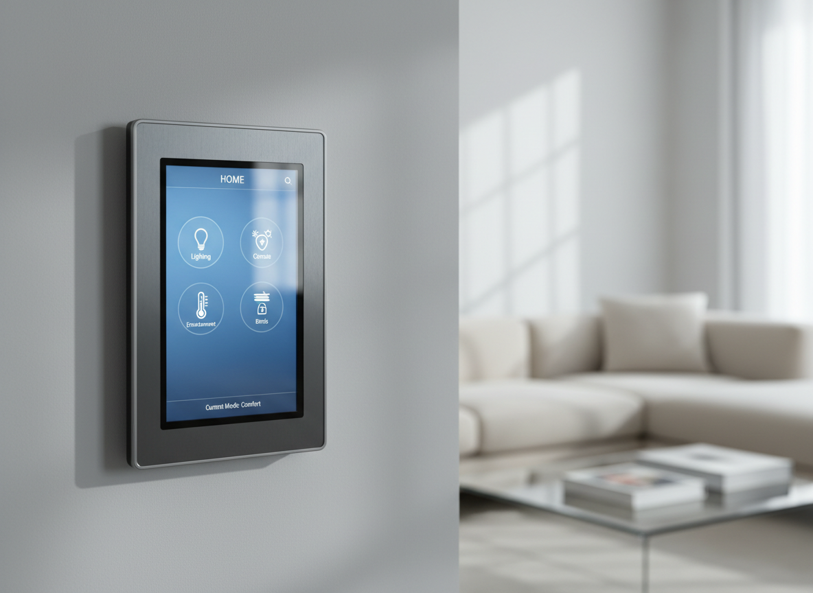 A sleek, wall-mounted home automation control panel with a high-resolution touchscreen displaying a clean dashboard of lighting, climate, and security icons. The panel is set against a smooth, matte light-gray wall in a modern living room, with glimpses of a minimalist sofa and a glass coffee table softly out of focus. Cool, diffused daylight enters from large unseen windows, creating subtle reflections on the glass surface of the screen and gentle shadows along the wall. Photographic realism, shot at eye level with a shallow depth of field, emphasizing clarity, precision, and professionalism. The mood is calm, efficient, and reassuring, conveying advanced but accessible technology for customized home automation.