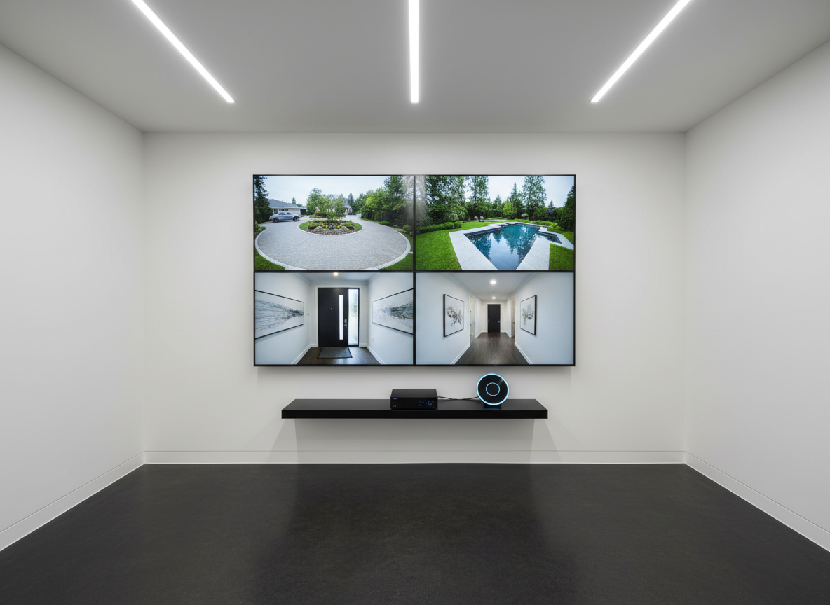 A high-tech home security monitoring room with a wide, wall-mounted display grid showing multiple live camera feeds from a property: driveway, backyard, entry doors, and interior hallways, each crisply detailed. Beneath the screens, a minimalist matte-black shelf supports a compact network video recorder and a small, illuminated security hub with a glowing status ring. The room features smooth white walls and a dark, low-sheen floor, creating a clean contrast. Cool overhead LED panels provide even illumination without glare on the screens. Photographic realism, framed at a slightly elevated, wide angle, keeping all elements in sharp focus. The mood is controlled and secure, reflecting professional-grade, customized security management within a residential setting.
