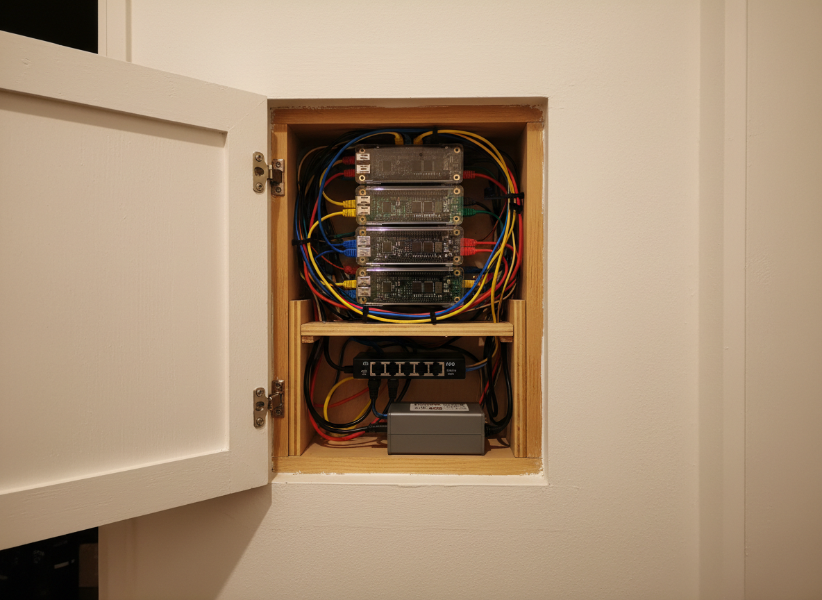 A small wall-mounted open niche or closet alcove in a family home, showing 5 Raspberry Pi computers mounted in a compact DIY rack inside the wall opening. The rack is flush-mounted into the wall cavity, like a recessed network panel or low-voltage enclosure. Each Pi is in a clear acrylic case, stacked vertically in the rack with neatly organized colorful ethernet and power cables running between them. A small network switch and compact UPS battery sit at the bottom of the rack. The wall around the opening is painted white drywall. Warm ambient home lighting. The door to the enclosure is open or ajar, revealing the rack inside. No desk visible. Photographic realism, close-up angle looking into the wall cavity. Cozy residential feel, not industrial or commercial.