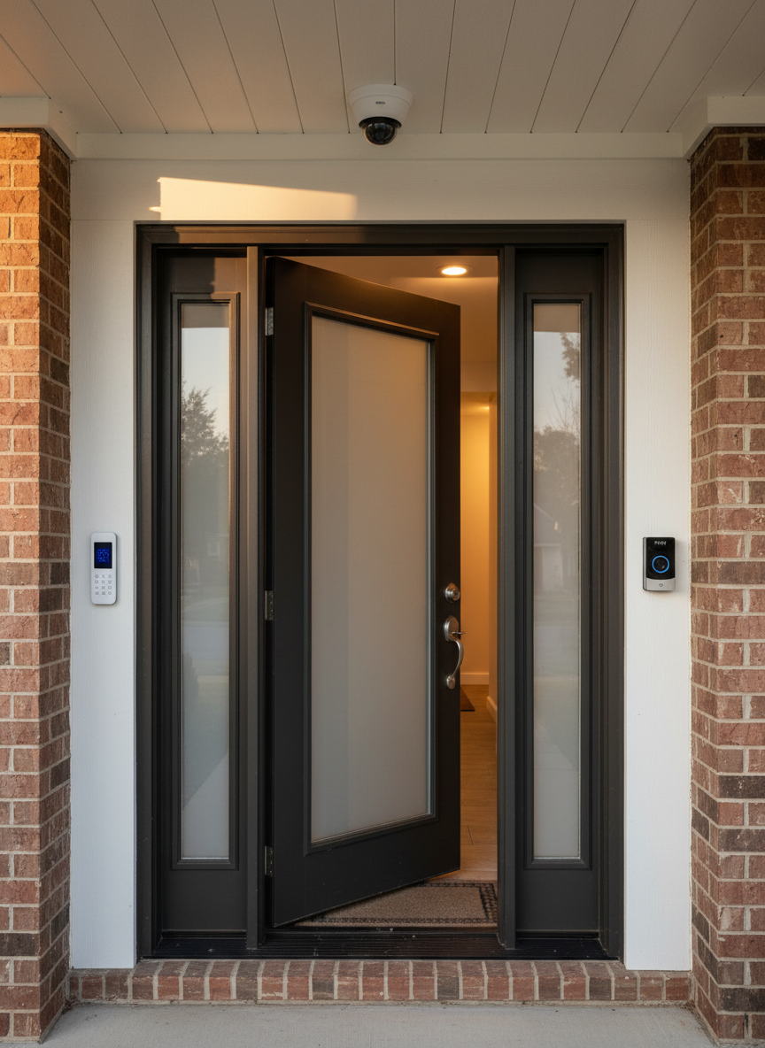 A real-life residential home entryway showing a complete smart security setup. A modern front door with a smart deadbolt lock (like a Schlage or August style) and a video doorbell camera mounted beside the door frame. On the interior wall next to the door, a slim white alarm keypad panel with a small LED status display. Above the door outside, a small dome security camera mounted to the eave or doorframe pointing at the entrance. Natural warm home lighting inside, late afternoon daylight outside. Everything looks clean and professionally installed but in a normal family home, not commercial. Photographic realism, wide enough shot to show all devices in context together.