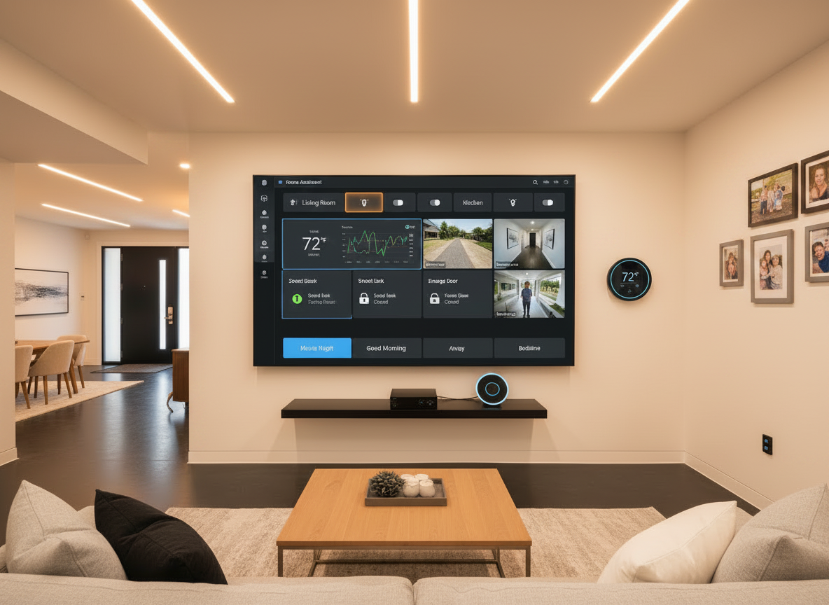 A photorealistic wide-angle shot of a modest Oklahoma City family home living room showcasing a premium smart home setup. The room has warm neutral tones, typical suburban OKC décor — comfortable sectional sofa, wood floors, family photos on the wall. A large wall-mounted tablet or smart display showing a full Home Assistant dashboard with a rich, detailed GUI: multiple room tiles with lighting toggles (living room, bedroom, kitchen, garage), a smart thermostat tile showing temperature and schedule, security camera feeds (driveway, front door, backyard), a smart lock status panel showing locked/unlocked state, a garage door control tile showing open/closed, and scene buttons labeled "Movie Night", "Good Morning", "Away", "Bedtime". On the wall nearby, a sleek Ecobee or Nest smart thermostat with a glowing digital display. Smart bulbs glowing warm amber throughout the room. A video doorbell feed visible on the dashboard. A smart lock visible on the front door through a hallway. The room feels lived-in and cozy — a real middle-class Oklahoma family home, not commercial or staged. Natural warm lighting blended with smart LED ambiance. Photographic realism, shallow depth of field, everything feels premium but comfortable and approachable.