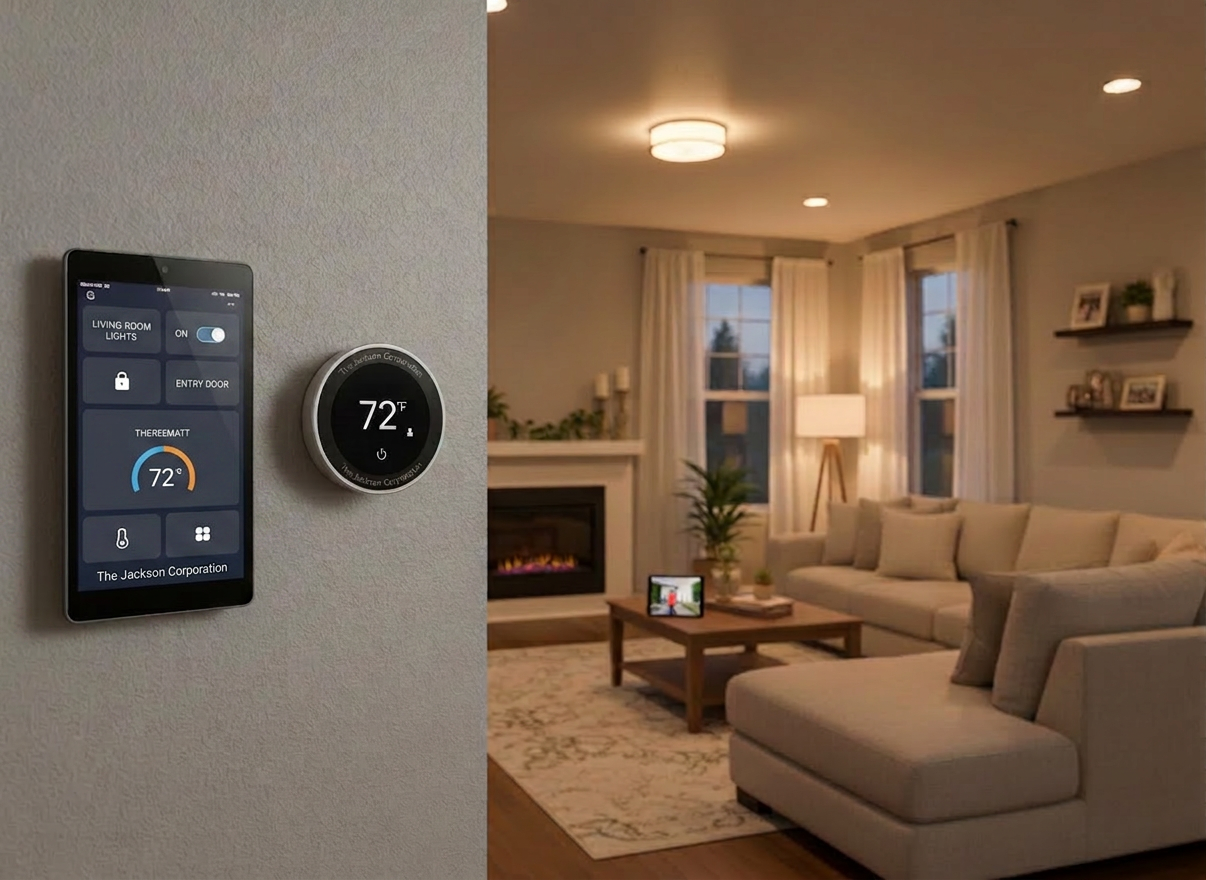 A realistic photo of a modern home living room showing a smart home setup. A Nest or Ecobee-style smart thermostat mounted on a wall with a clean digital display showing temperature. Nearby, a tablet or wall-mounted screen showing a Home Assistant-style dashboard with tiles for lighting controls, thermostat, and entry monitoring — clean grid layout with labeled rooms, toggle switches, and status icons. Warm ambient smart lighting visible in the room — Philip Hue style bulbs glowing softly. A smart doorbell camera visible through a window or on a small display feed in the corner. The room is a cozy family home, not commercial. Natural and warm lighting. Photographic realism.