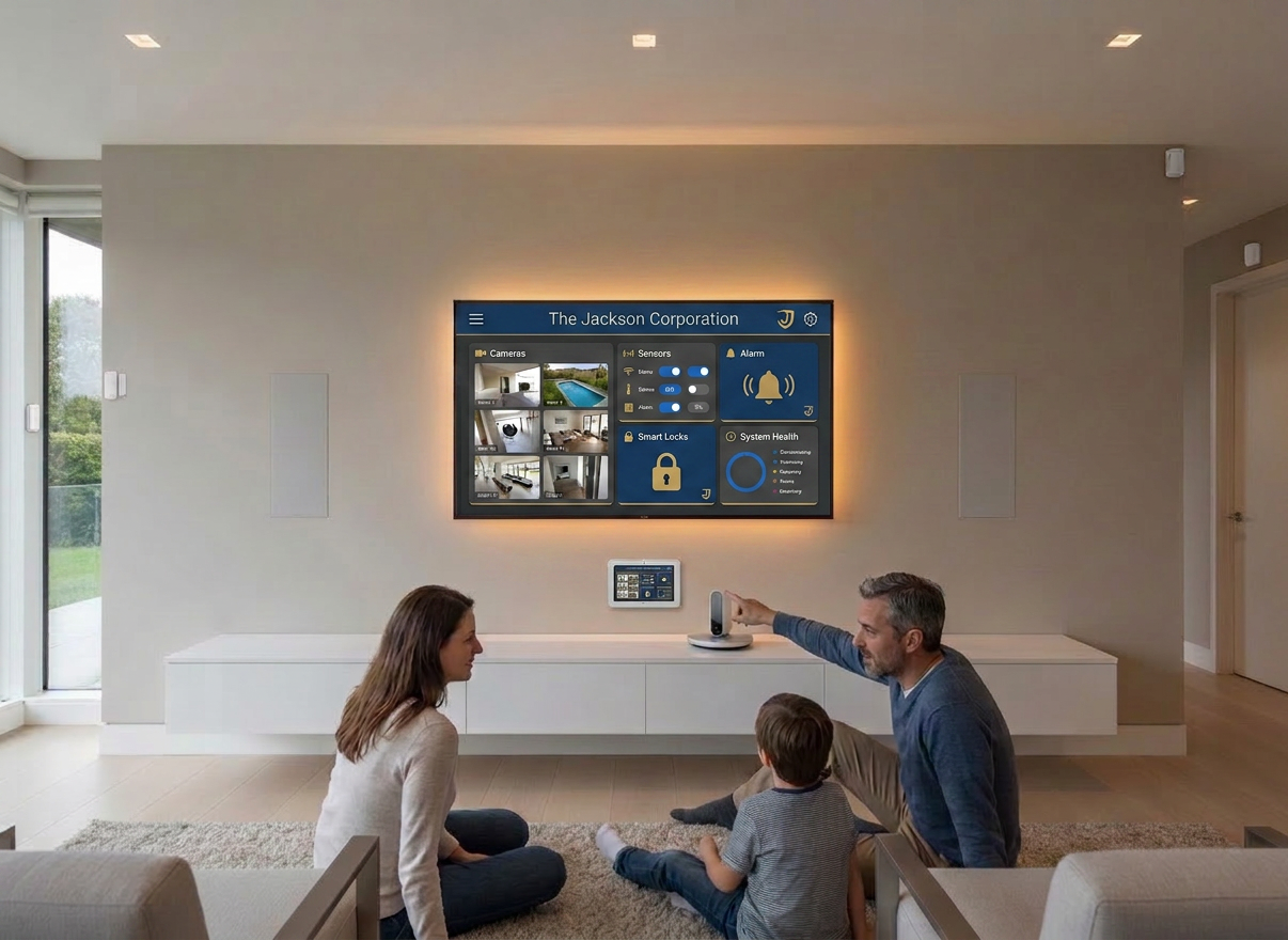 Family interacting with smart home security Family of three sitting on floor using smart home security system with cameras and sensors displayed