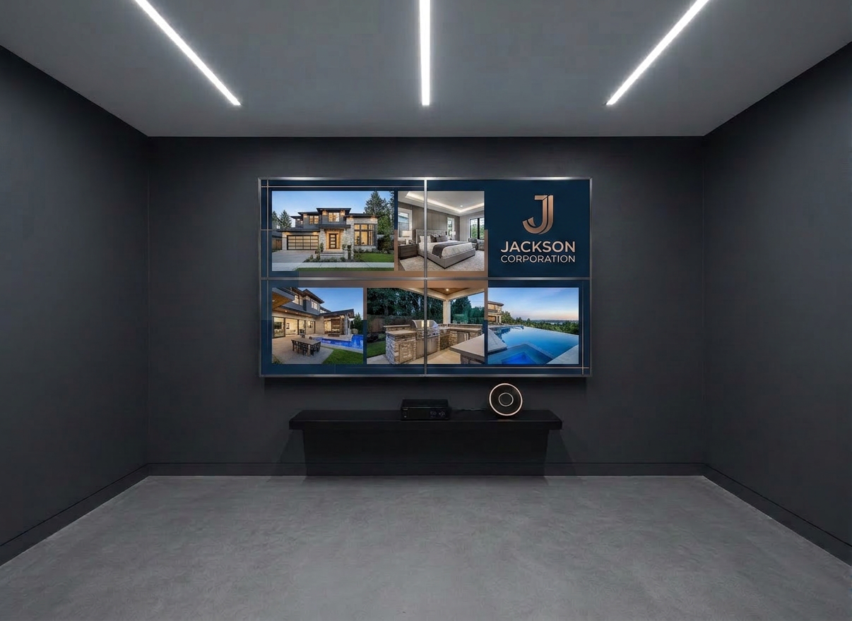 home automation A high-tech home security monitoring room with a wide, wall-mounted display grid showing multiple live camera feeds from a property: driveway, backyard, entry doors, and interior hallways, each crisply detailed. Beneath the screens, a minimalist matte-black shelf supports a compact network video recorder and a small, illuminated security hub with a glowing status ring. The room features smooth white walls and a dark, low-sheen floor, creating a clean contrast. Cool overhead LED panels provide even illumination without glare on the screens. Photographic realism, framed at a slightly elevated, wide angle, keeping all elements in sharp focus. The mood is controlled and secure, reflecting professional-grade, customized security management within a residential setting.