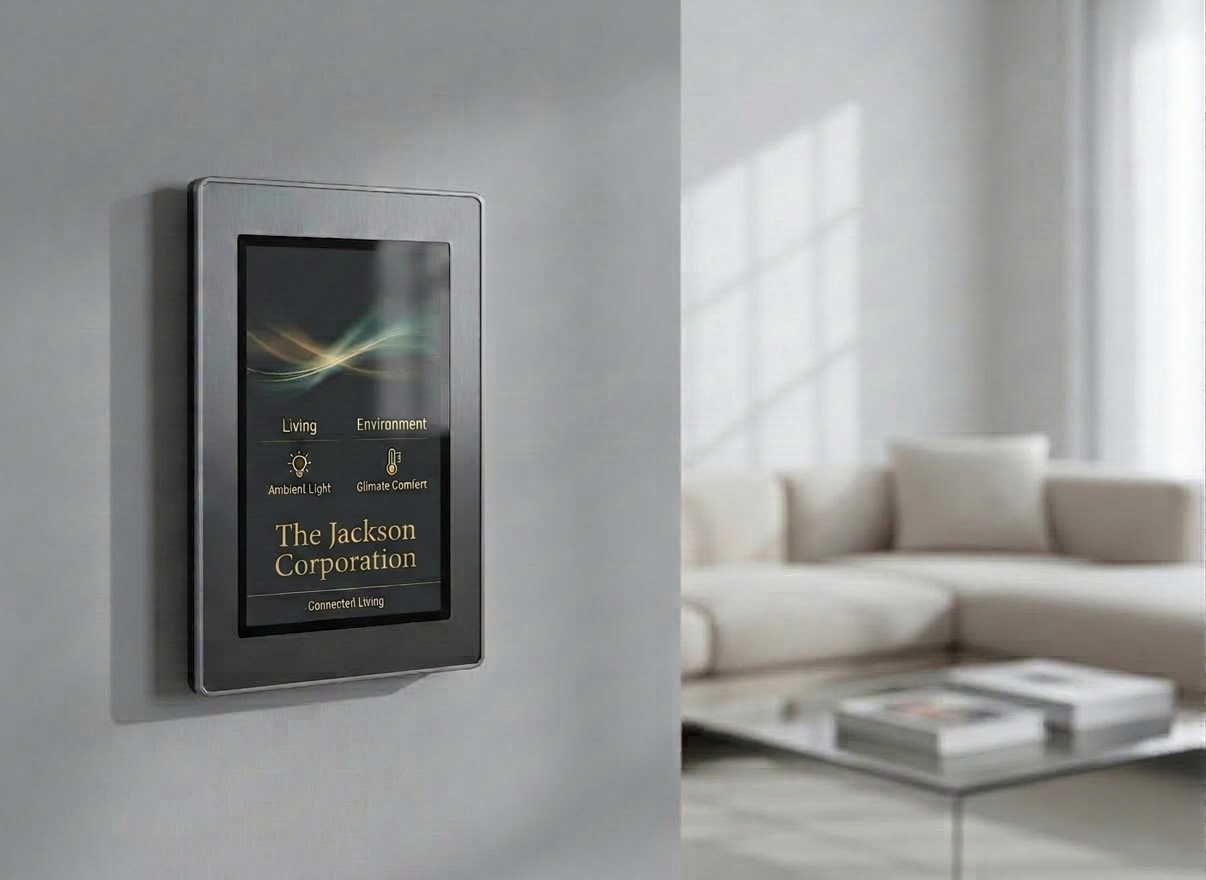 home automation A sleek, wall-mounted home automation control panel with a high-resolution touchscreen displaying a clean dashboard of lighting, climate, and security icons. The panel is set against a smooth, matte light-gray wall in a modern living room, with glimpses of a minimalist sofa and a glass coffee table softly out of focus. Cool, diffused daylight enters from large unseen windows, creating subtle reflections on the glass surface of the screen and gentle shadows along the wall. Photographic realism, shot at eye level with a shallow depth of field, emphasizing clarity, precision, and professionalism. The mood is calm, efficient, and reassuring, conveying advanced but accessible technology for customized home automation.