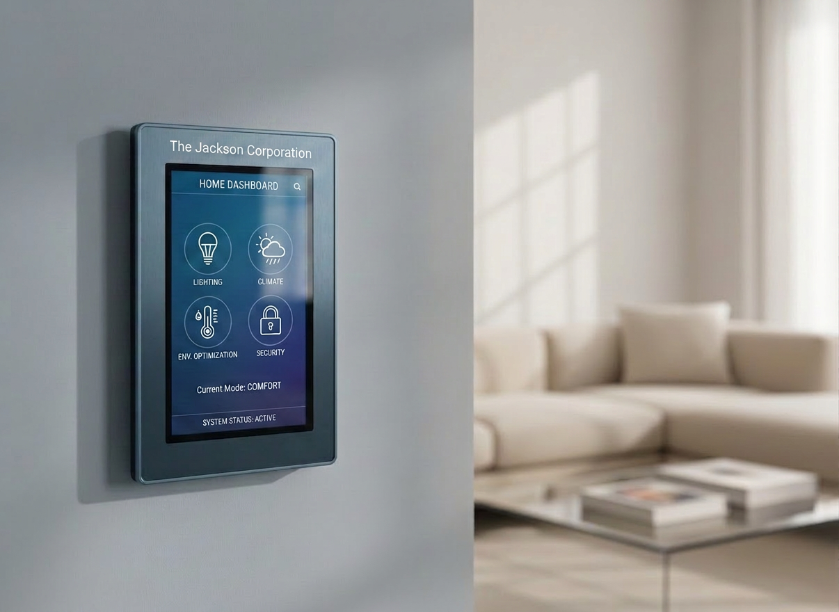 home automation A sleek, wall-mounted home automation control panel with a high-resolution touchscreen displaying a clean dashboard of lighting, climate, and security icons. The panel is set against a smooth, matte light-gray wall in a modern living room, with glimpses of a minimalist sofa and a glass coffee table softly out of focus. Cool, diffused daylight enters from large unseen windows, creating subtle reflections on the glass surface of the screen and gentle shadows along the wall. Photographic realism, shot at eye level with a shallow depth of field, emphasizing clarity, precision, and professionalism. The mood is calm, efficient, and reassuring, conveying advanced but accessible technology for customized home automation.