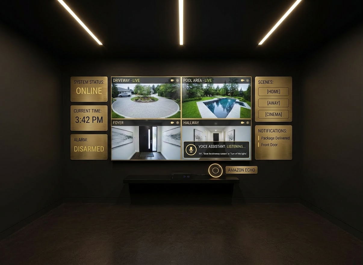 Smart home security and control panel Smart home control panel with live security camera feeds and system status information